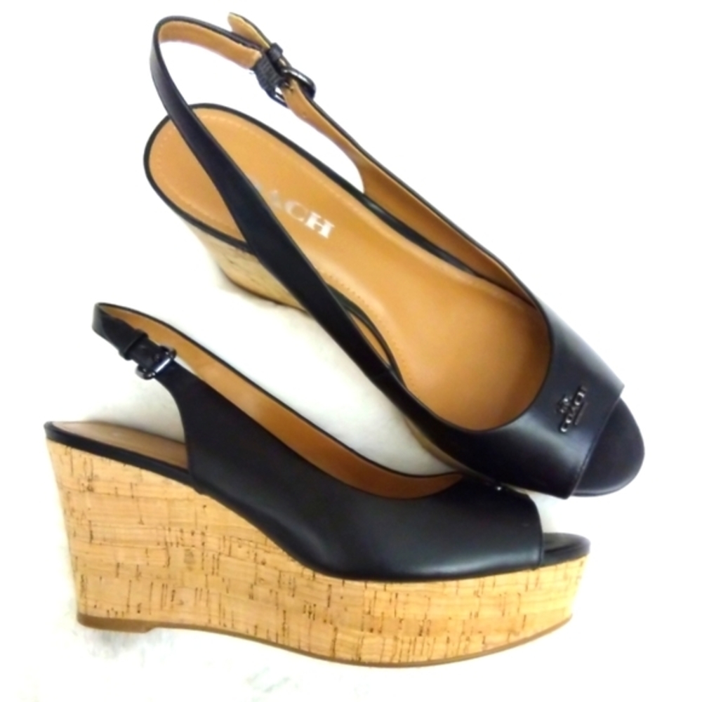 COACH Ferry Black Leather Wedge Slingback Heels Size 8